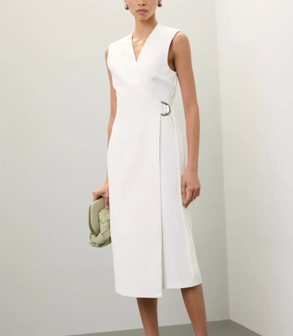 Ted Baker White Wrap Midi Dress Size 4 Suiting Career Professional Designer $575